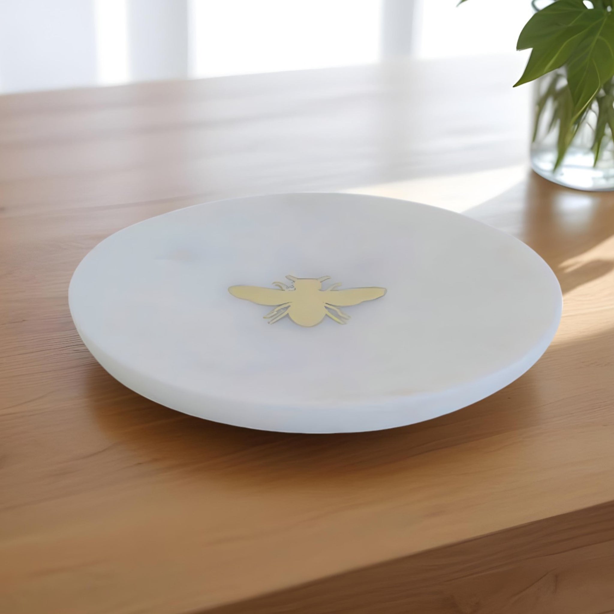 Marble Inlay Tray – White with Brass Bumblebee, 6”