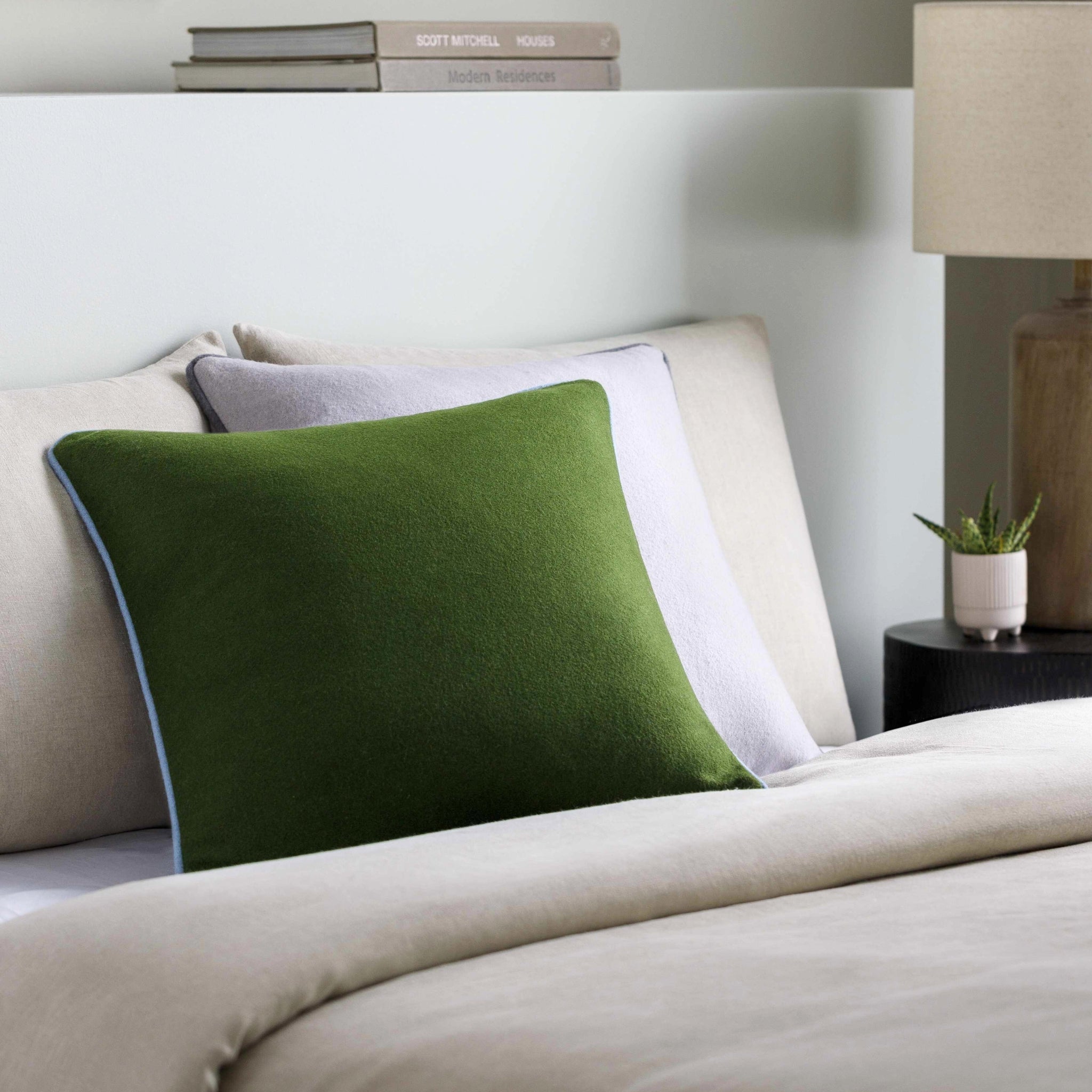 Woolen Throw Pillow – Olive with Denim Trim