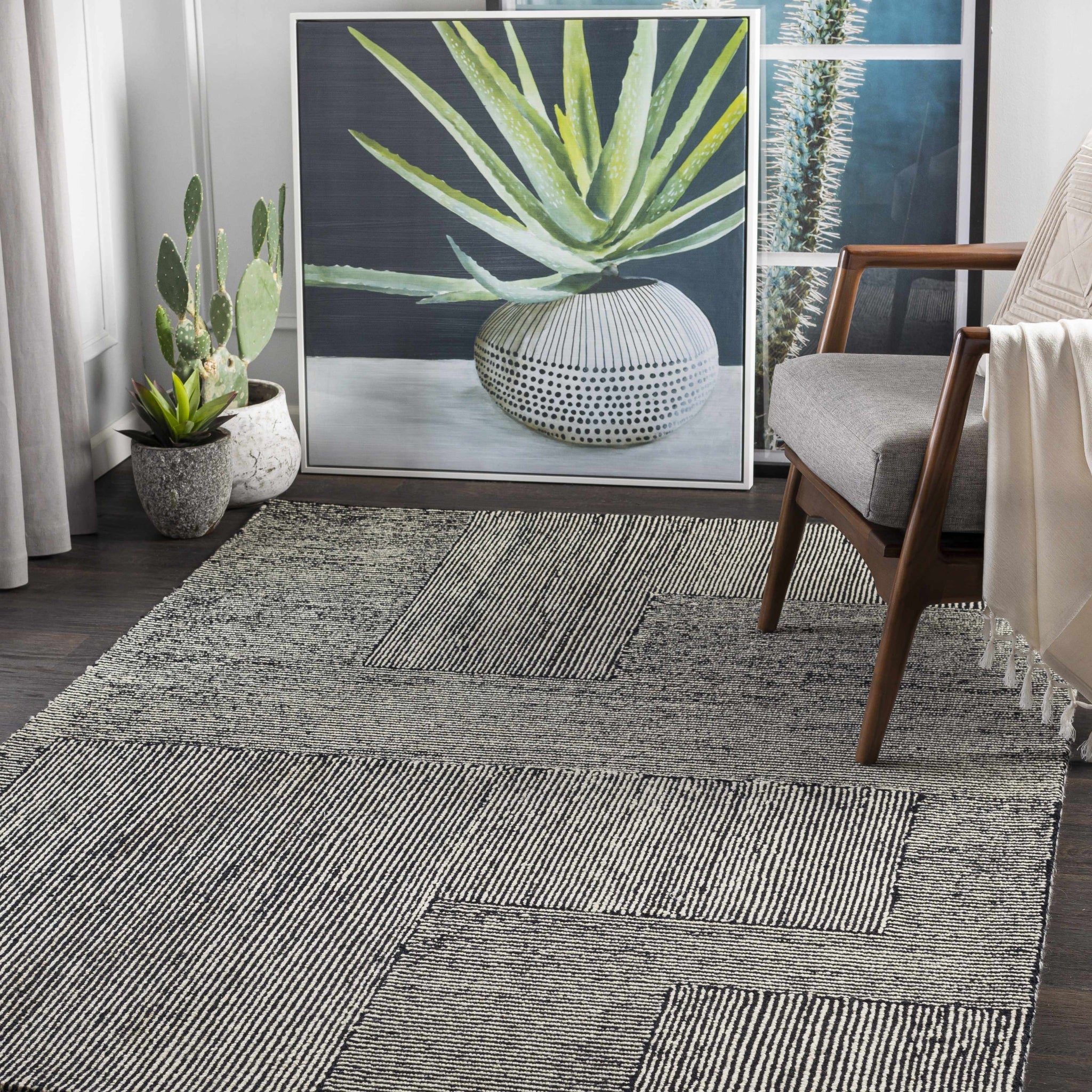 The Layton Rug – Handwoven Wool Blend, Linear Black & Cream