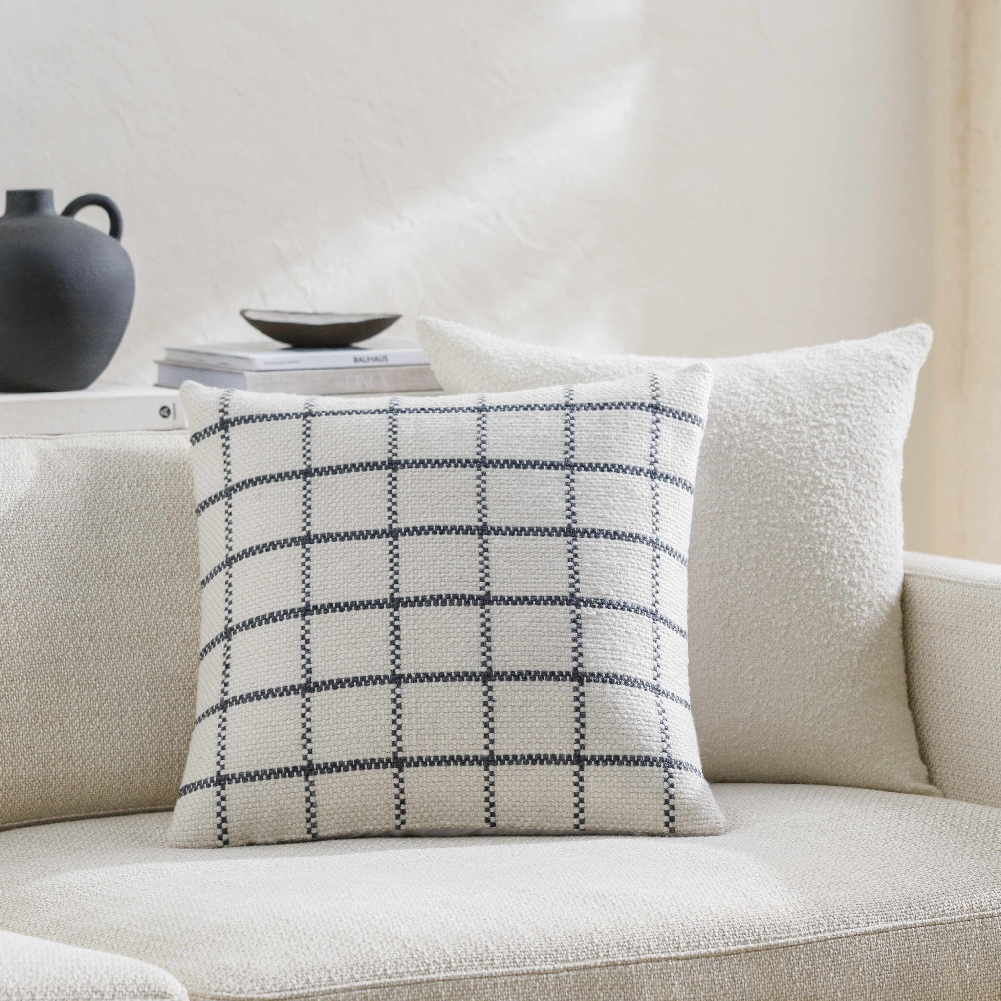 Inya Handwoven Grid Pillow – Ivory & Black